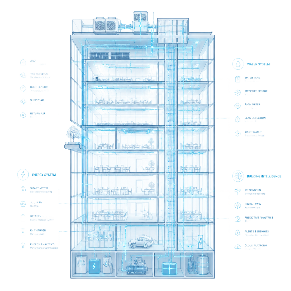 Ilustração de um edifício com os sistemas técnicos — AVAC, energia e água — monitorizados pela plataforma DTWay