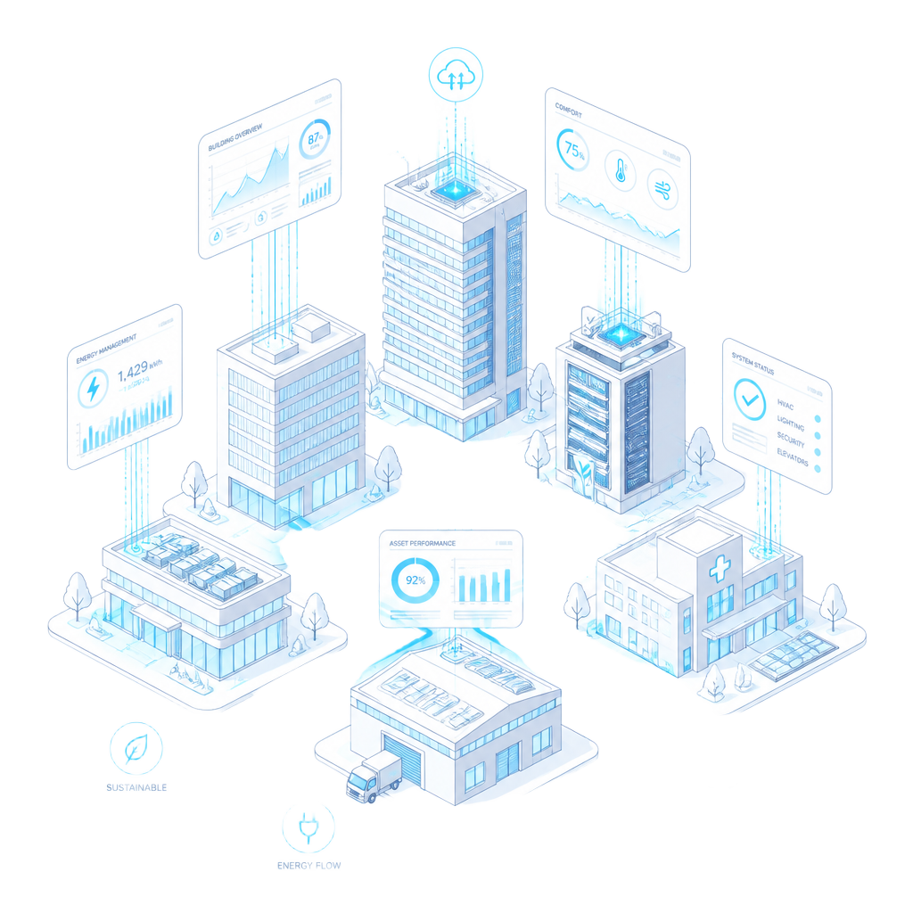 Ilustração de um portefólio de edifícios ligados numa rede digital monitorizada pela plataforma DTWay